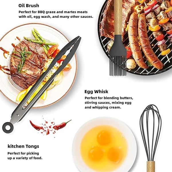 12-Piece Silicone Cooking Utensils Set with Wooden Handles – Heat Resistant & Non-Stick Kitchen Tools - Infinitygallery.store