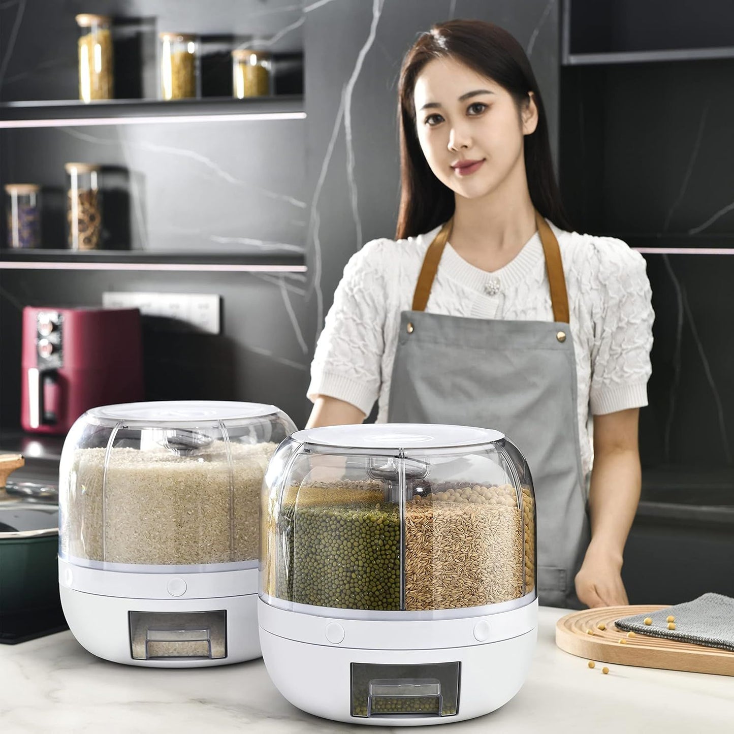 360° Rotating Dry Food Dispenser – 6-Compartment Moisture-Proof Grain Storage Container - Infinitygallery.store
