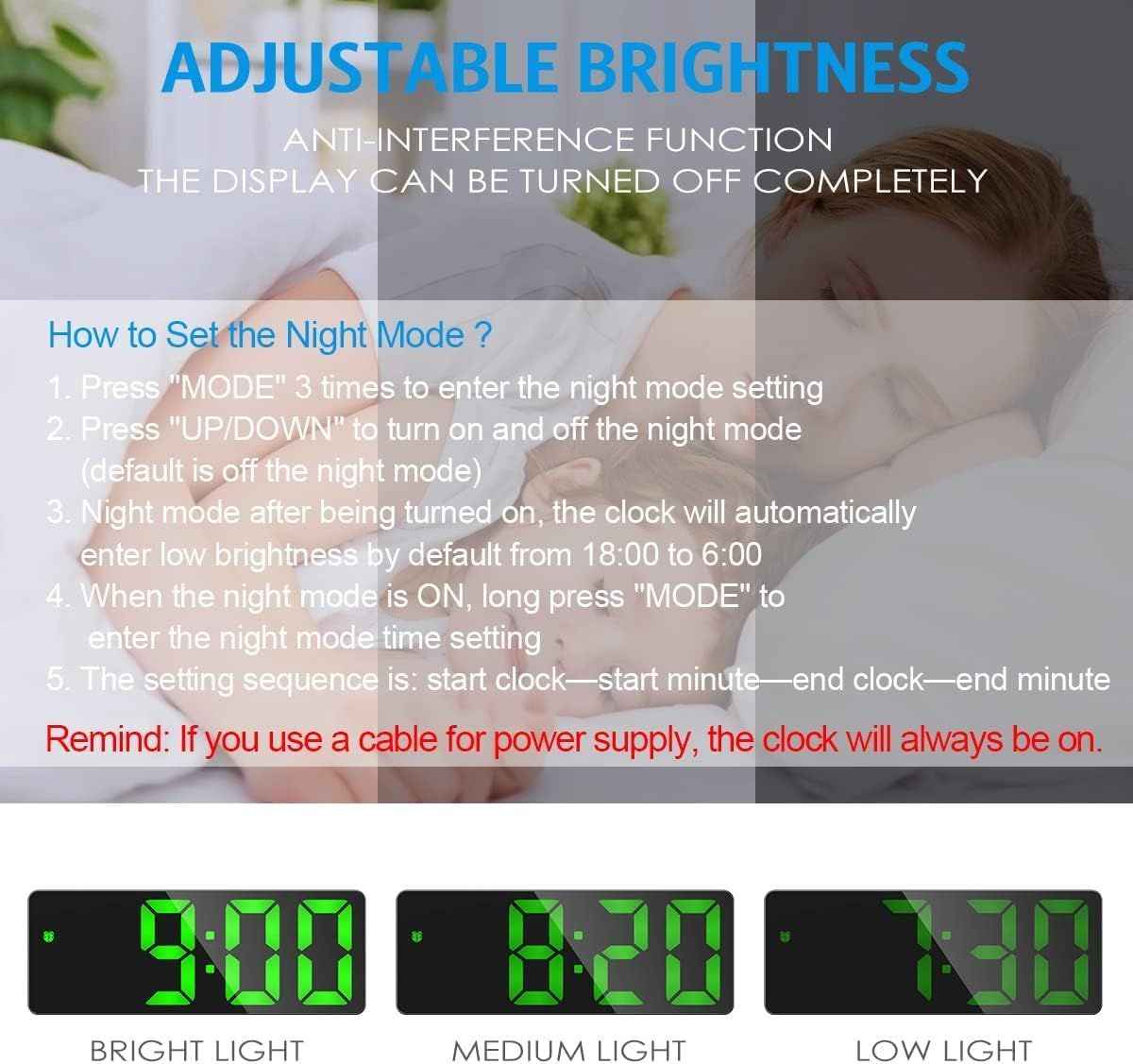 Digital LED Alarm Clock with Large Display, Adjustable Brightness, Voice Control & Snooze – Battery & USB Powered | Infinity Gallery