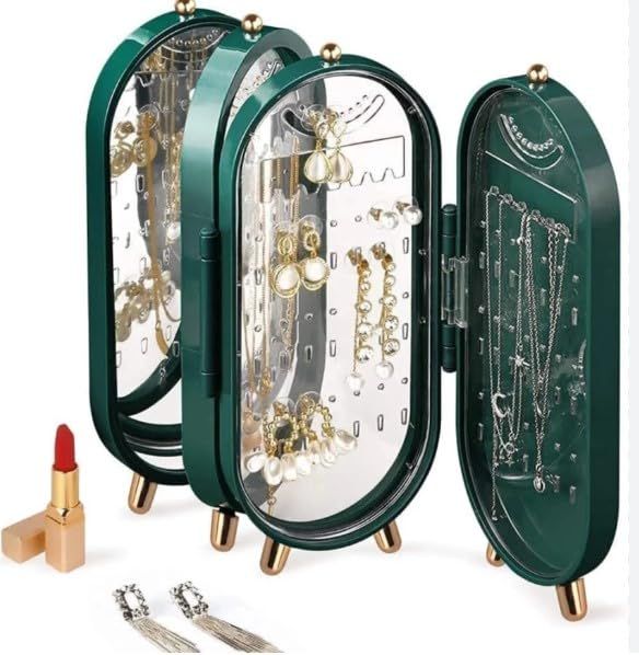 Folding Screen Jewelry Box – Space-Saving Organizer with Built-In Mirror & Earring, Necklace, Ring Display - Infinitygallery.store