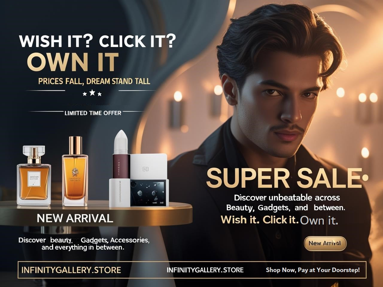 Infinity Gallery super sale banner – Wish it, Click it, Own it