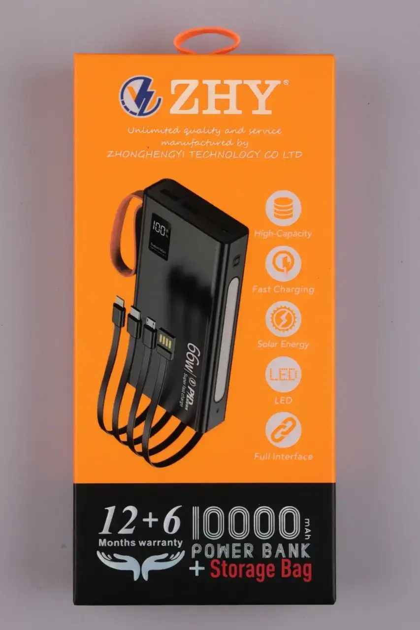10000mAh Dual USB Power Bank with LED Indicator, Flashlight & Type-C/Micro Cables – ZHY-564