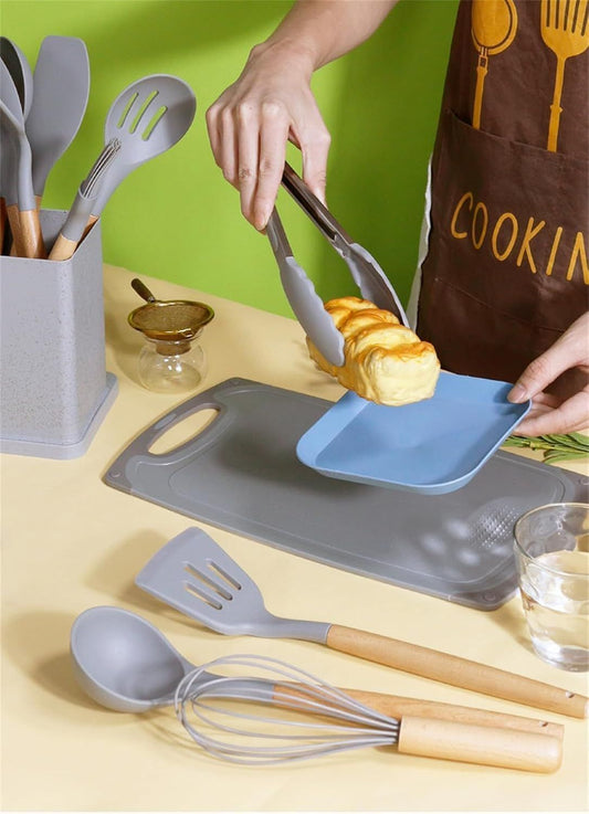 19-Piece Premium Kitchen Utensil Set with Holder – Heat-Resistant Nylon & Silicone Tools (Gray) - Infinitygallery.store