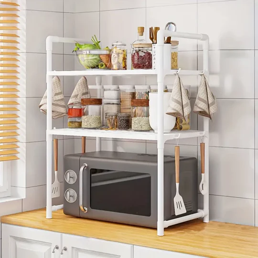 Kitchen Multifunctional 2-Tier Storage Rack – Adjustable Microwave Shelf with Hooks & Ventilated Shelves - Infinitygallery.store