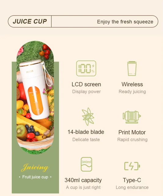 🥤 340ML Portable Juicer with LED Screen – Wireless & Rechargeable Blender - Infinitygallery.store