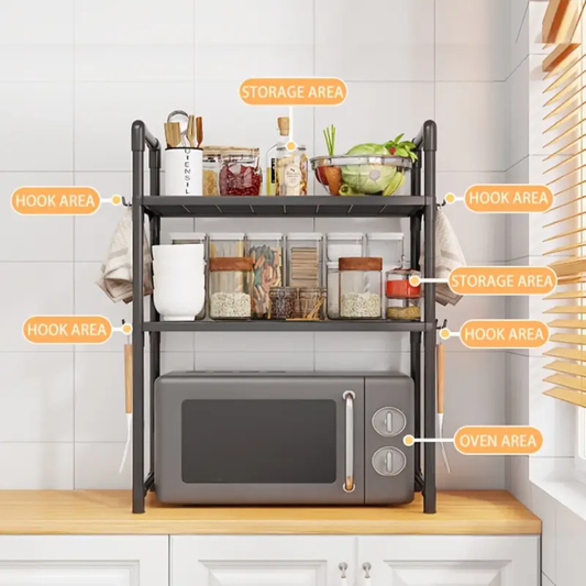 Kitchen Multifunctional 2-Tier Storage Rack – Adjustable Microwave Shelf with Hooks & Ventilated Shelves - Infinitygallery.store