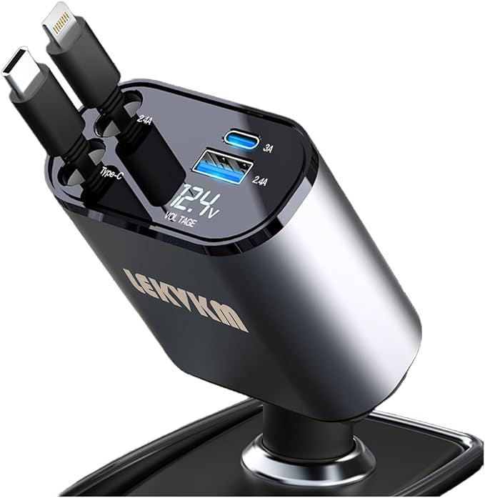 4-in-1 Retractable Car Charger – USB A, PD, and Dual USB-C Cables - Infinitygallery.store
