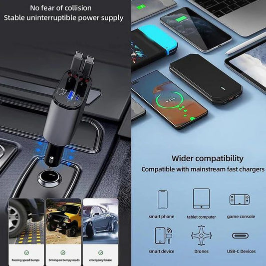 4-in-1 Retractable Car Charger – USB A, PD, and Dual USB-C Cables - Infinitygallery.store