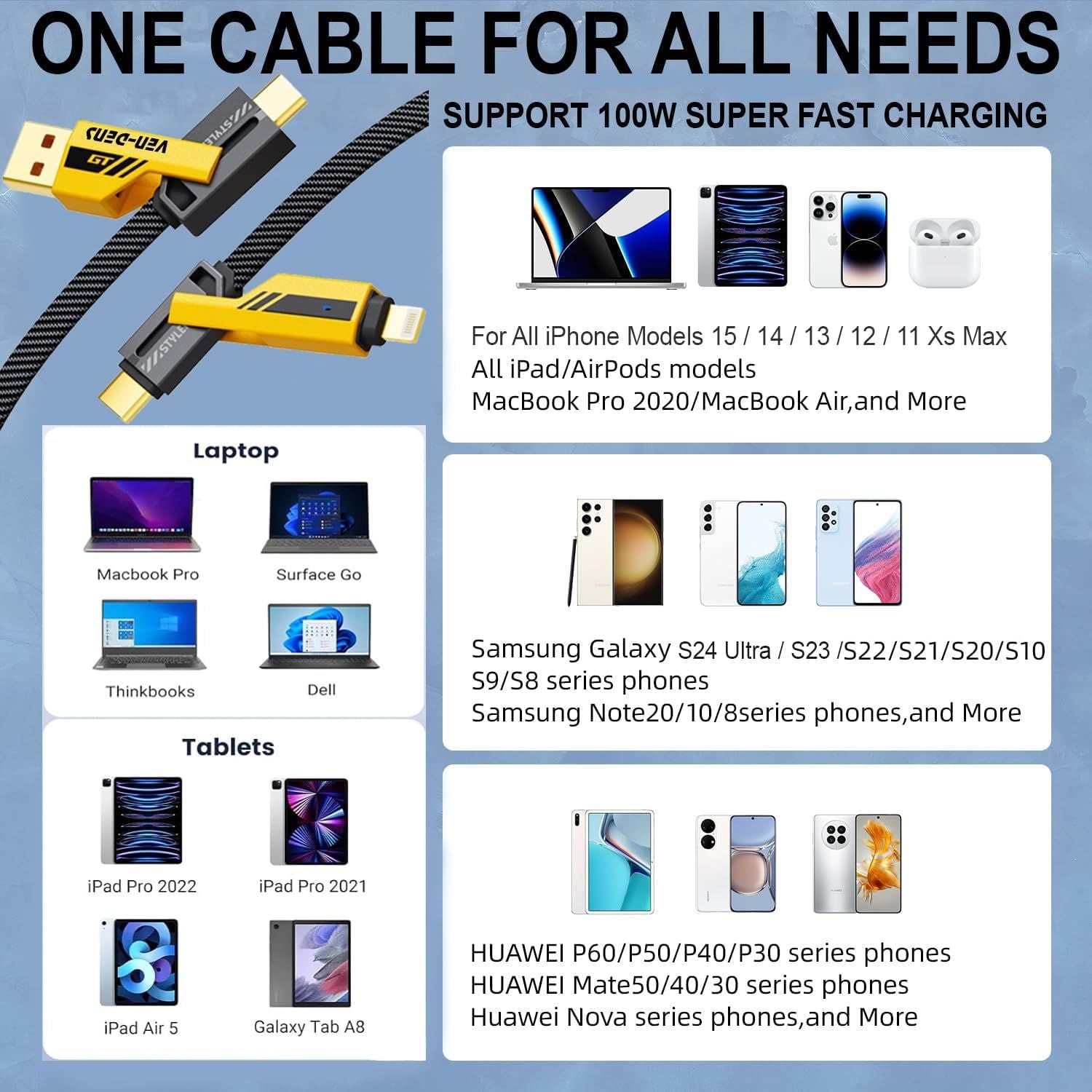 4-in-1 Gold-Plated Car Charging Cable – USB-C & Lightning Fast Charger - Infinitygallery.store