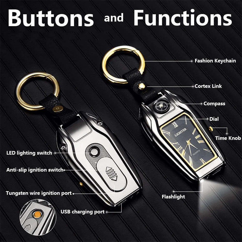 5-in-1 Keychain Watch – LED Flashlight, Compass, USB Lighter, Clock & More - Infinitygallery.store