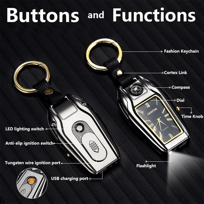 5-in-1 Keychain Watch – LED Flashlight, Compass, USB Lighter, Clock & More - Infinitygallery.store