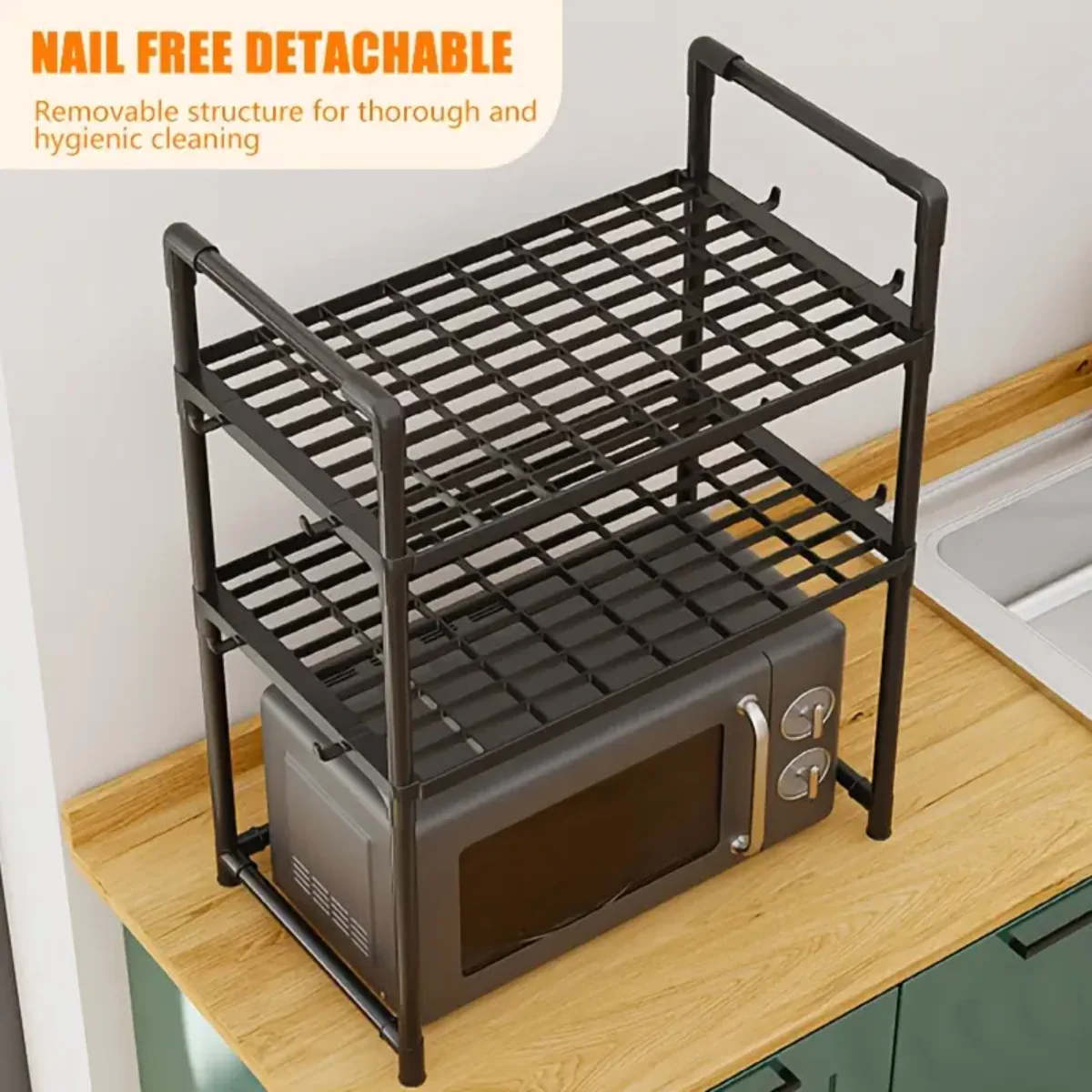 Kitchen Multifunctional 2-Tier Storage Rack – Adjustable Microwave Shelf with Hooks & Ventilated Shelves - Infinitygallery.store