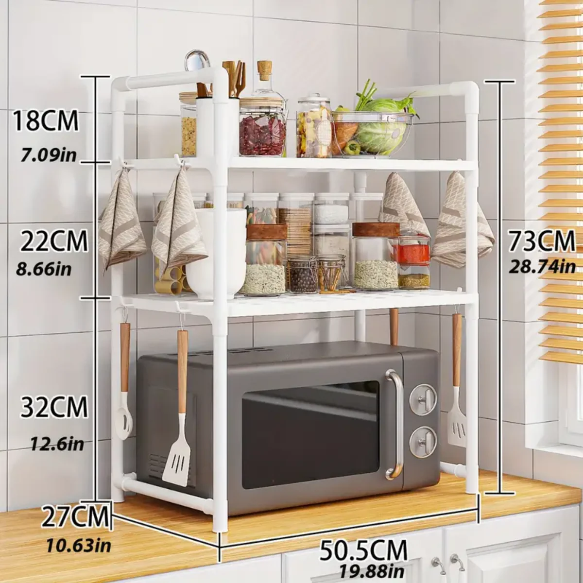 Kitchen Multifunctional 2-Tier Storage Rack – Adjustable Microwave Shelf with Hooks & Ventilated Shelves - Infinitygallery.store