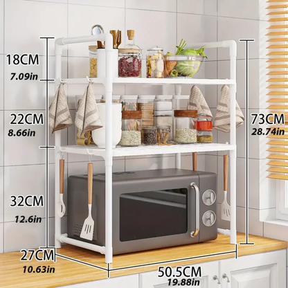 Kitchen Multifunctional 2-Tier Storage Rack – Adjustable Microwave Shelf with Hooks & Ventilated Shelves - Infinitygallery.store