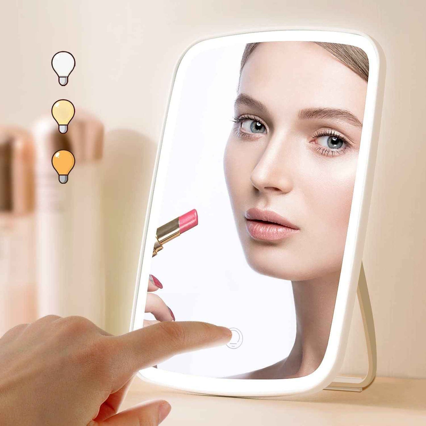 Touch Screen LED Makeup Mirror – Rechargeable, Dimmable, 3 Light Modes