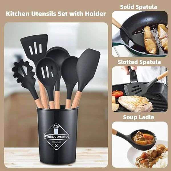 12-Piece Silicone Cooking Utensils Set with Wooden Handles – Heat Resistant & Non-Stick Kitchen Tools - Infinitygallery.store