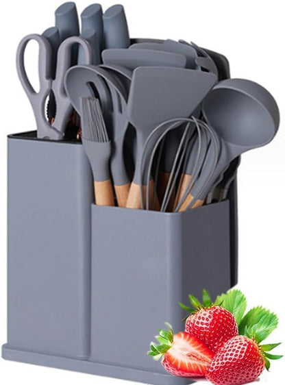 19-Piece Premium Kitchen Utensil Set with Holder – Heat-Resistant Nylon & Silicone Tools (Gray) - Infinitygallery.store