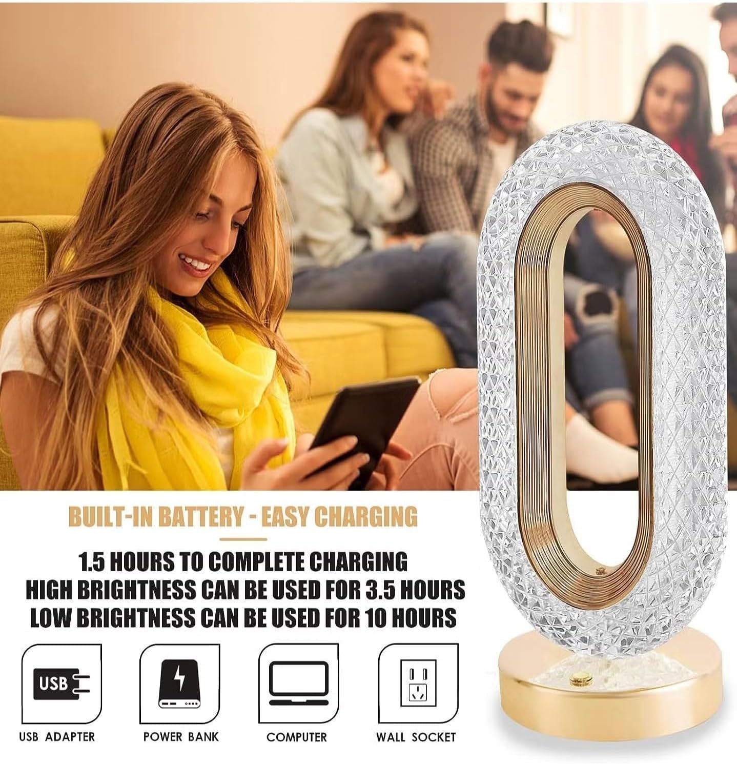 Crystal USB Touch Lamp – Rechargeable 3-Color LED Diamond Light for Bedroom & Decor - Infinitygallery.store