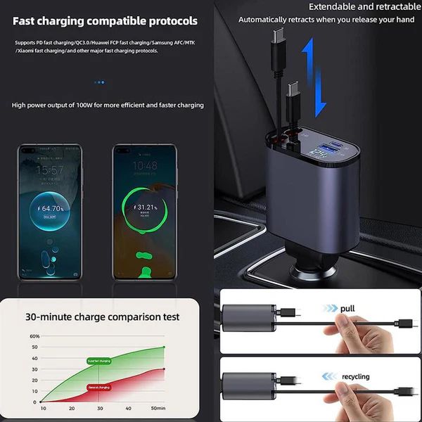 4-in-1 Retractable Car Charger – USB A, PD, and Dual USB-C Cables - Infinitygallery.store
