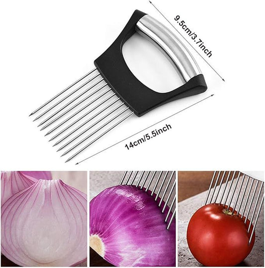 Stainless Steel Onion Holder & Slicer – Hands-Free Vegetable Cutter with Finger Guard - Infinitygallery.store