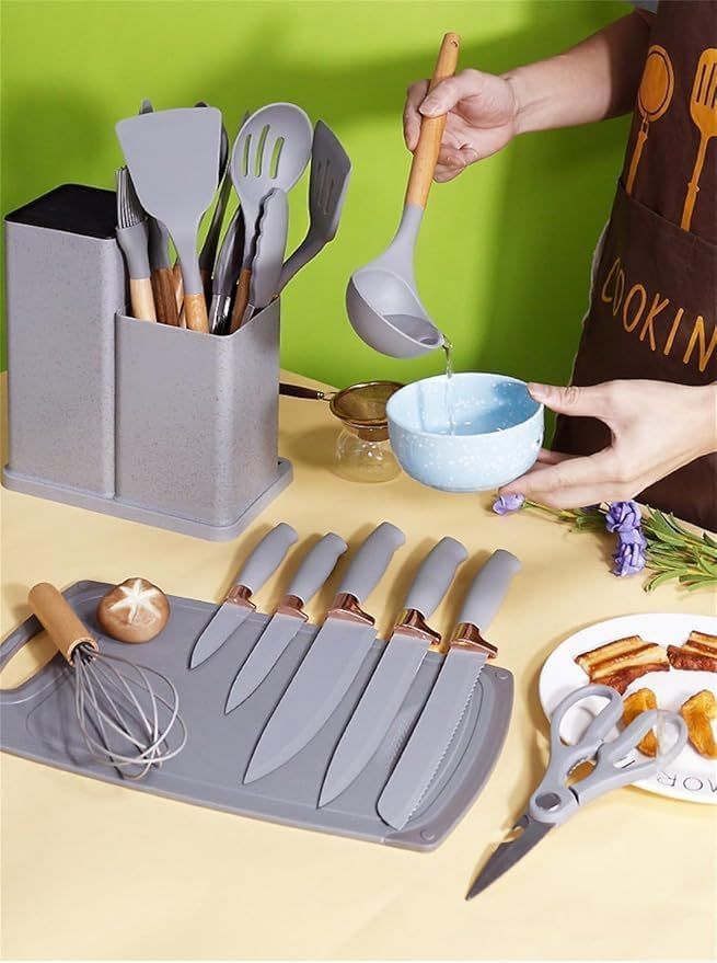 19-Piece Premium Kitchen Utensil Set with Holder – Heat-Resistant Nylon & Silicone Tools (Gray) - Infinitygallery.store