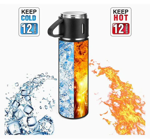 Vacuum Flask Set – 500ml Thermal Bottle with 3 Cups & Insulated Lid - Infinitygallery.store