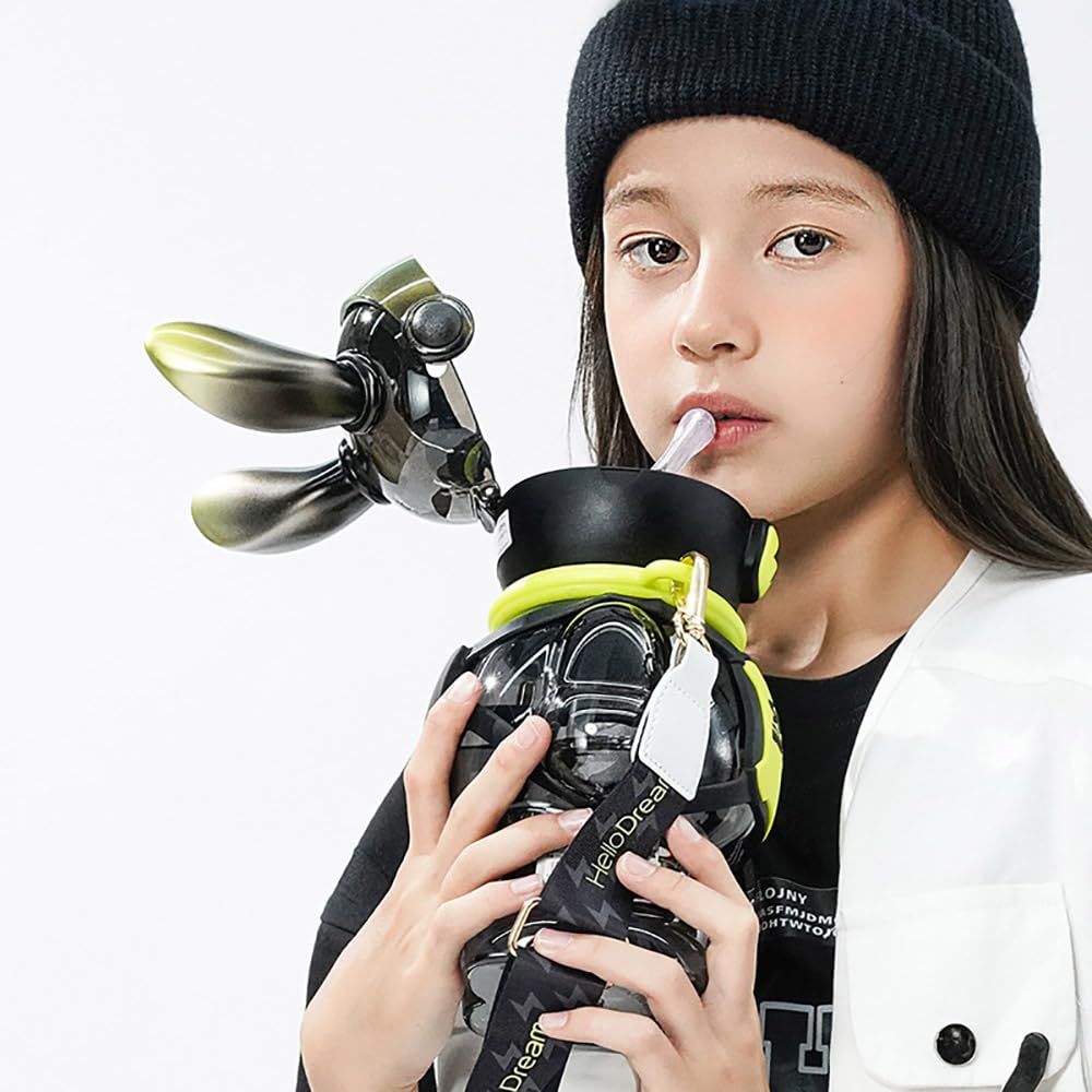 Bunny Robo Water Bottle – 1100ML Leakproof Kids Sipper with Straw & Sling Strap - Infinitygallery.store