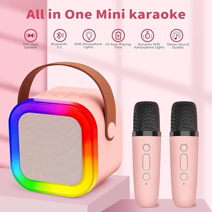 Portable Karaoke Sound System with 2 Wireless Microphones – Bluetooth Speaker with LED Lights & Voice Effects - Infinitygallery.store