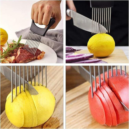 Stainless Steel Onion Holder & Slicer – Hands-Free Vegetable Cutter with Finger Guard - Infinitygallery.store