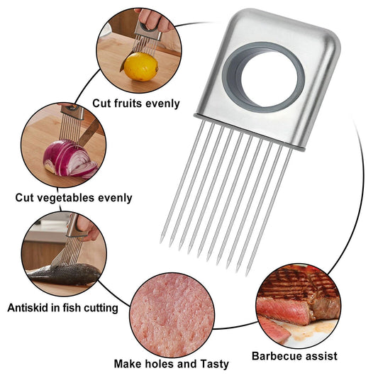Stainless Steel Onion Holder & Slicer – Hands-Free Vegetable Cutter with Finger Guard - Infinitygallery.store