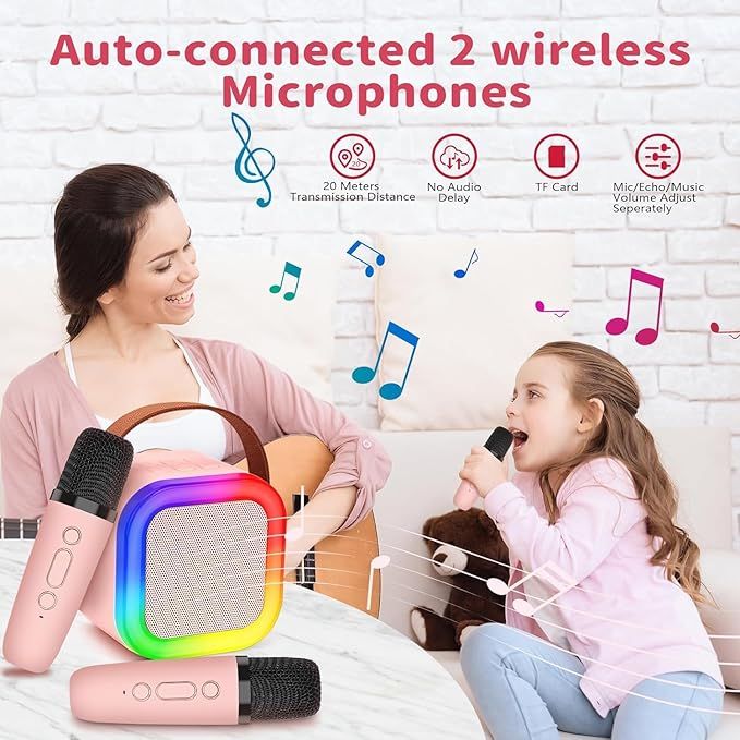 Portable Karaoke Sound System with 2 Wireless Microphones – Bluetooth Speaker with LED Lights & Voice Effects - Infinitygallery.store