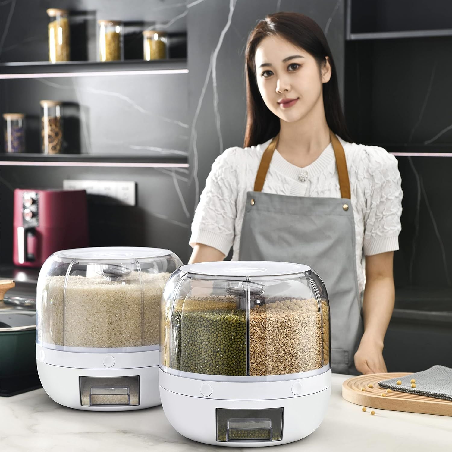360° Rotating Dry Food Dispenser – 6-Compartment Moisture-Proof Grain Storage Container - Infinitygallery.store
