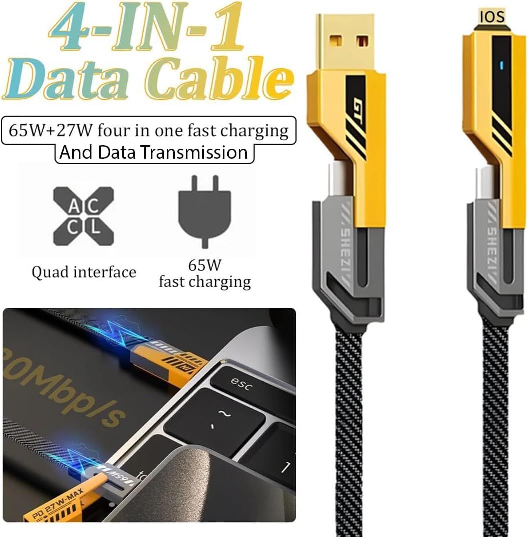 4-in-1 Gold-Plated Car Charging Cable – USB-C & Lightning Fast Charger - Infinitygallery.store