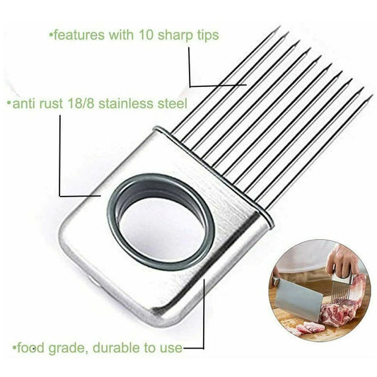 Stainless Steel Onion Holder & Slicer – Hands-Free Vegetable Cutter with Finger Guard - Infinitygallery.store
