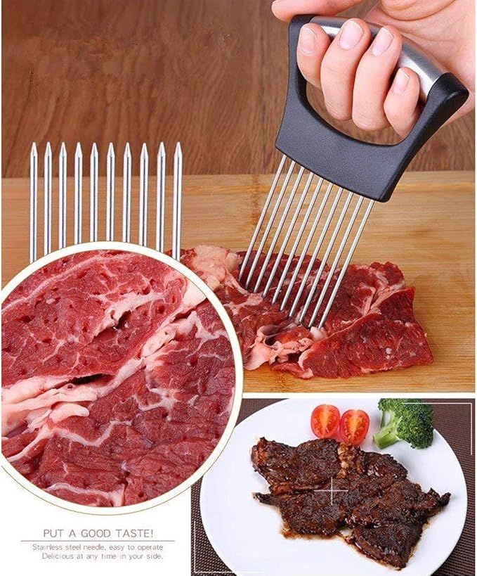 Stainless Steel Onion Holder & Slicer – Hands-Free Vegetable Cutter with Finger Guard - Infinitygallery.store