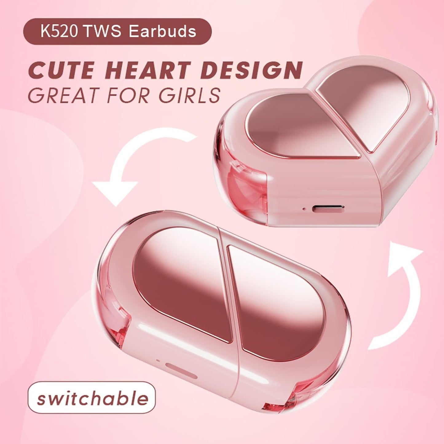 Pink Heart Bluetooth Earbuds for Girls – Cute Convertible Case & Long Battery Life - Infinitygallery.store