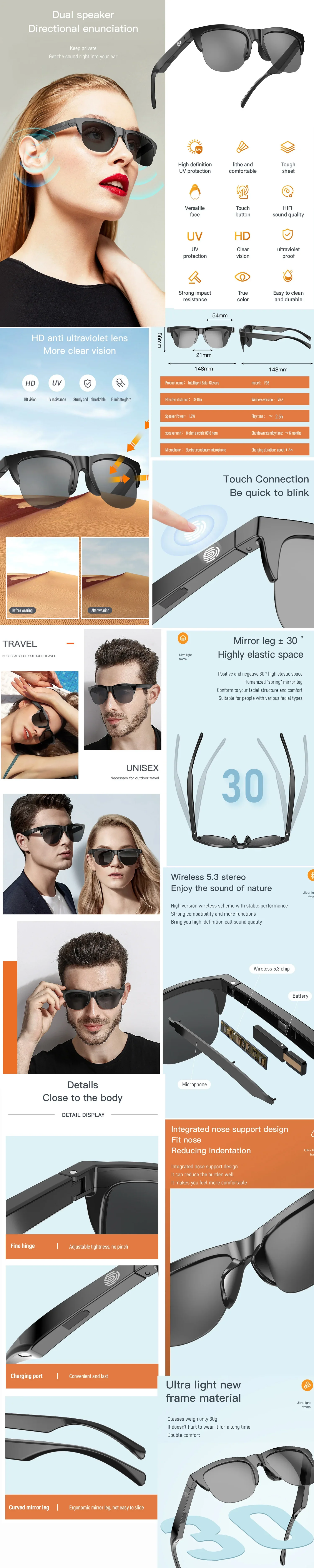 Smart Bluetooth Polarized Sunglasses – UV Protection, HiFi Sound, Touch Control, Built-In Speakers - Infinitygallery.store
