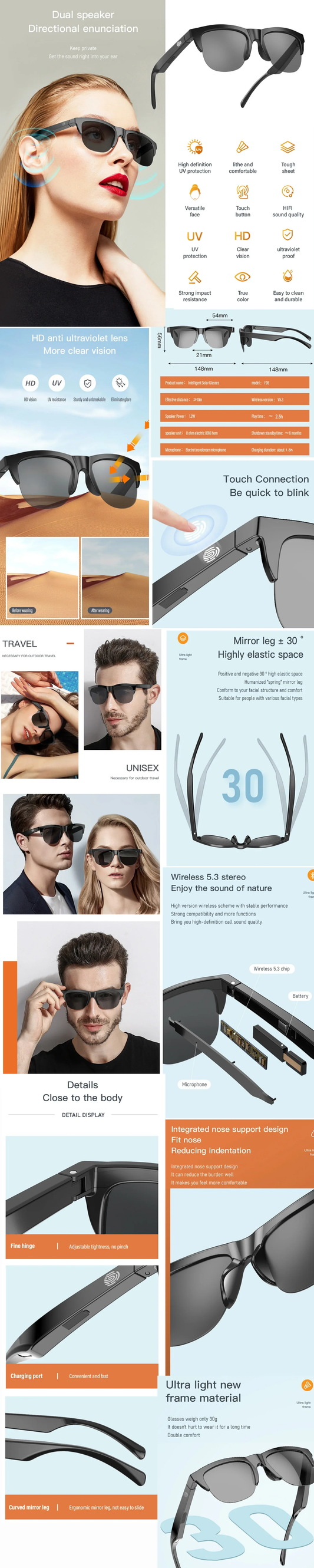 Smart Bluetooth Polarized Sunglasses – UV Protection, HiFi Sound, Touch Control, Built-In Speakers - Infinitygallery.store