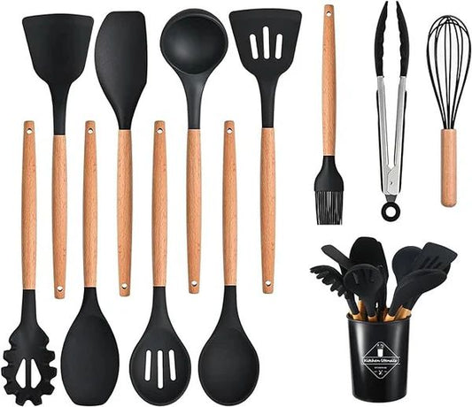 12-Piece Silicone Cooking Utensils Set with Wooden Handles – Heat Resistant & Non-Stick Kitchen Tools - Infinitygallery.store