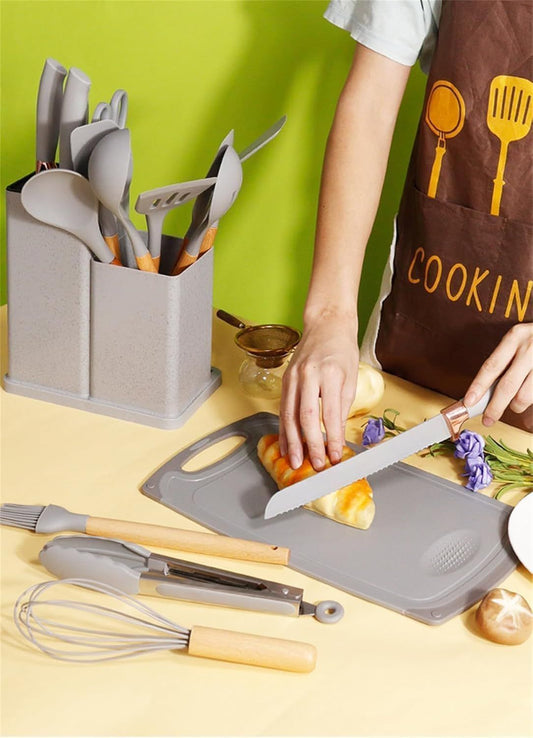19-Piece Premium Kitchen Utensil Set with Holder – Heat-Resistant Nylon & Silicone Tools (Gray) - Infinitygallery.store
