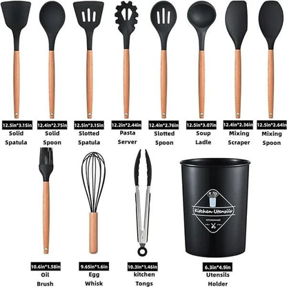 12-Piece Silicone Cooking Utensils Set with Wooden Handles – Heat Resistant & Non-Stick Kitchen Tools - Infinitygallery.store