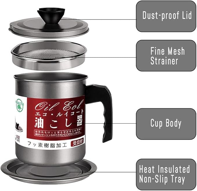 Stainless Steel Oil Filter Pot with Tray – 1.4L Grease Container with Fine Mesh Strainer & Lid - Infinitygallery.store