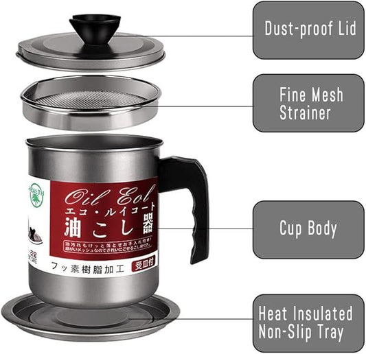 Stainless Steel Oil Filter Pot with Tray – 1.4L Grease Container with Fine Mesh Strainer & Lid - Infinitygallery.store