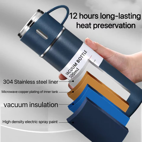 Vacuum Flask Set – 500ml Thermal Bottle with 3 Cups & Insulated Lid - Infinitygallery.store