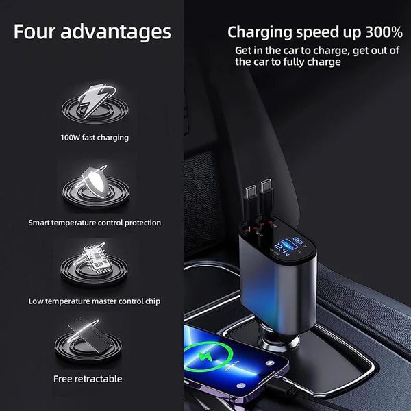 4-in-1 Retractable Car Charger – USB A, PD, and Dual USB-C Cables - Infinitygallery.store