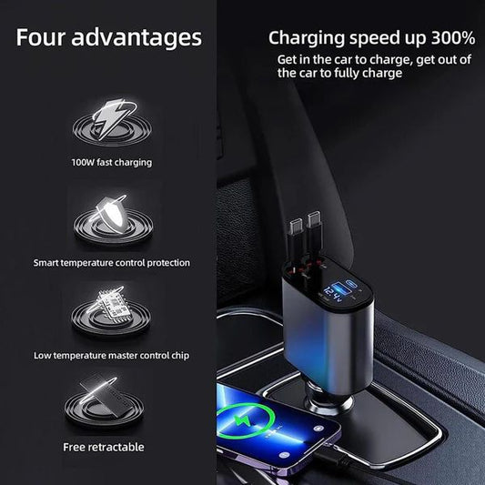 4-in-1 Retractable Car Charger – USB A, PD, and Dual USB-C Cables - Infinitygallery.store