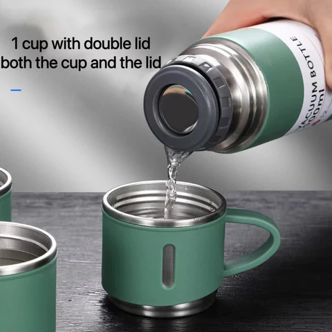 Vacuum Flask Set – 500ml Thermal Bottle with 3 Cups & Insulated Lid - Infinitygallery.store