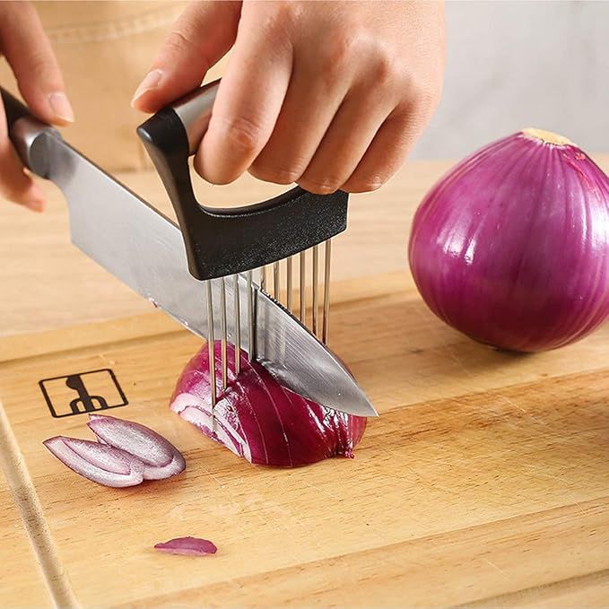 Stainless Steel Onion Holder & Slicer – Hands-Free Vegetable Cutter with Finger Guard - Infinitygallery.store