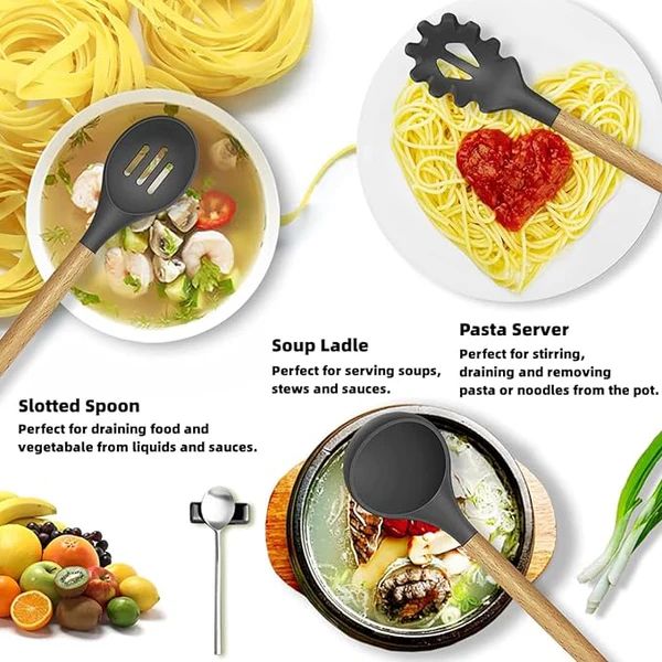 12-Piece Silicone Cooking Utensils Set with Wooden Handles – Heat Resistant & Non-Stick Kitchen Tools - Infinitygallery.store