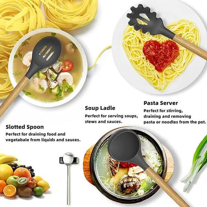 12-Piece Silicone Cooking Utensils Set with Wooden Handles – Heat Resistant & Non-Stick Kitchen Tools - Infinitygallery.store